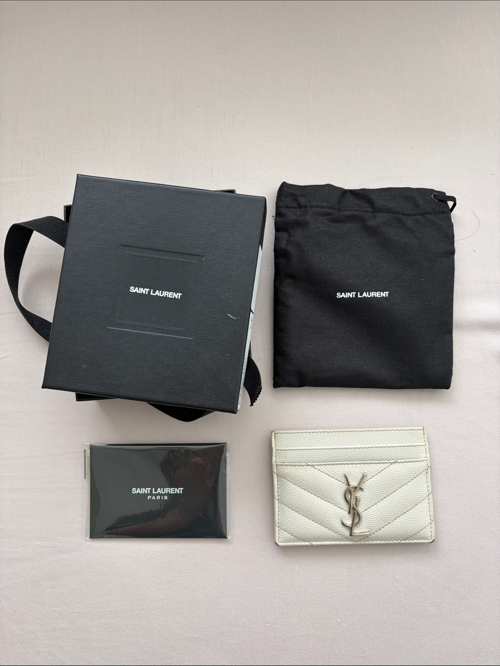 Saint Laurent Cream Chevron Leather Card Holder with YSL Logo